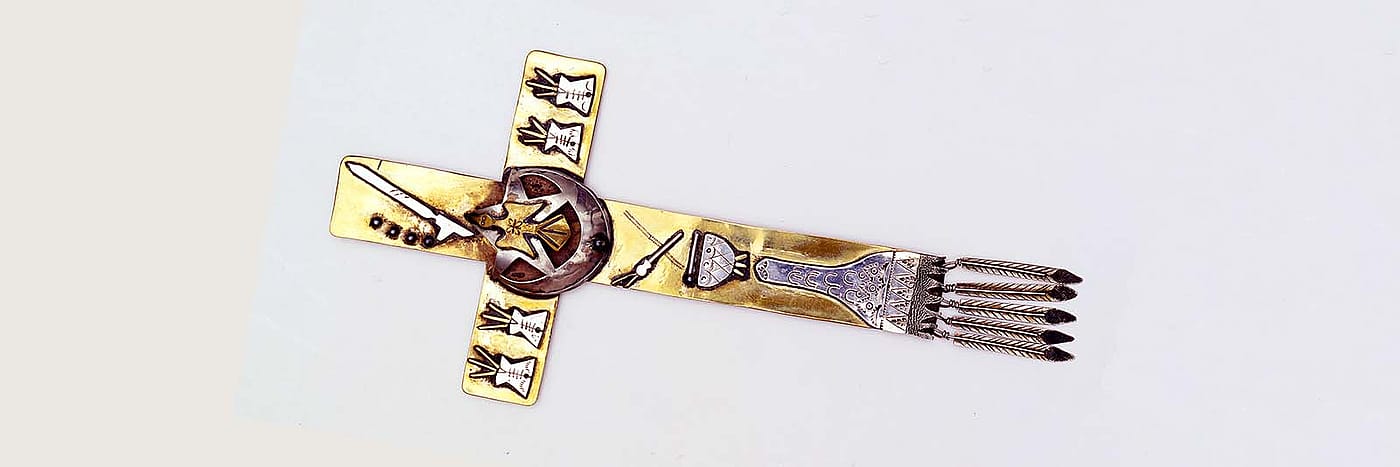 Native American Church cross. Made by Mitchell Zephier, Sioux, ca. 1979. 9 x 4.25 inches. Museum Purchase. NA.502.48