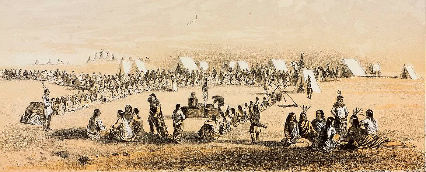 John Mix Stanley. Distribution of Goods to the Assiniboines, ca. 1860. Tinted lithograph on paper. 12.87.5 (detail)