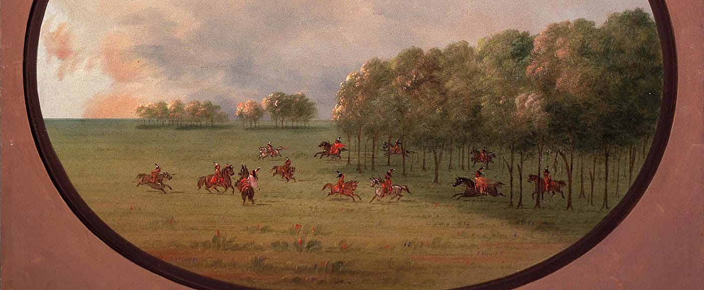 George Catlin (1796-1872). "An 'Oak Opening', Mouth of the Platte, with a party of Indians playing on horseback," ca. 1855-1870. Oil on paperboard. Gift of Paul Mellon. 29.86