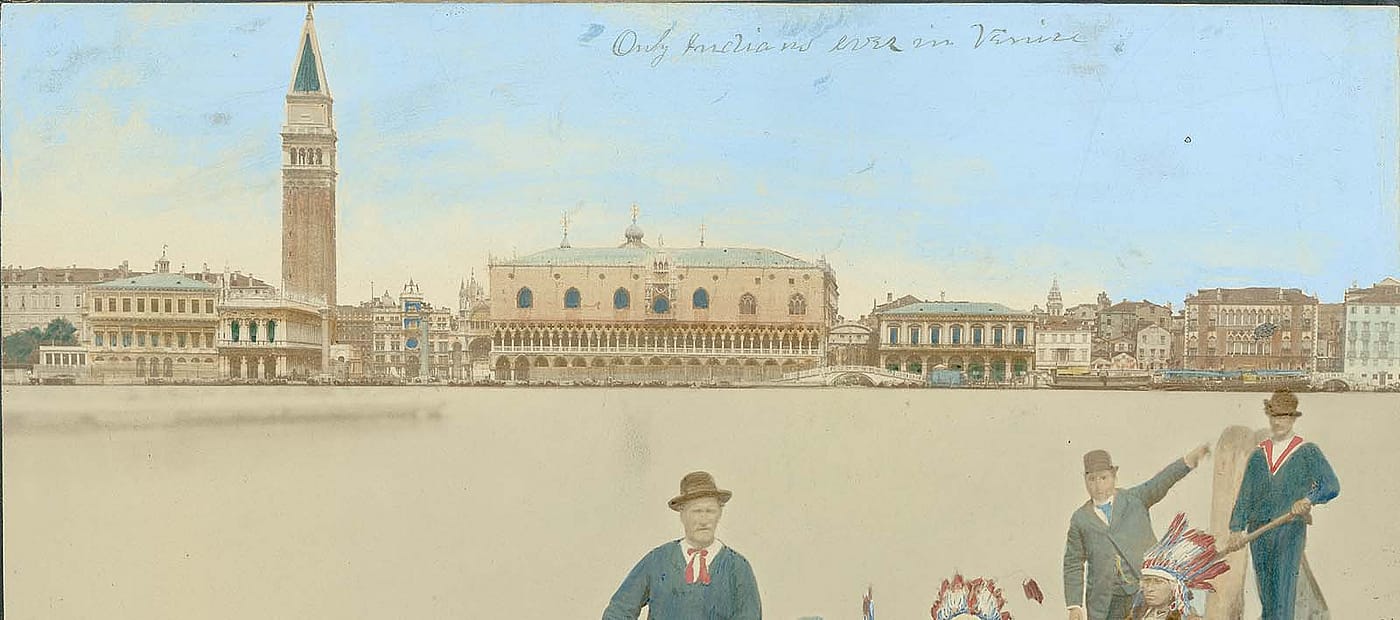 Hand-colored photograph by Paolo Salviati of Buffalo Bill and Indian members of the Wild West cast in Venice, April 1890. MS 6 William F. Cody Collection. P.69.822 (detail)