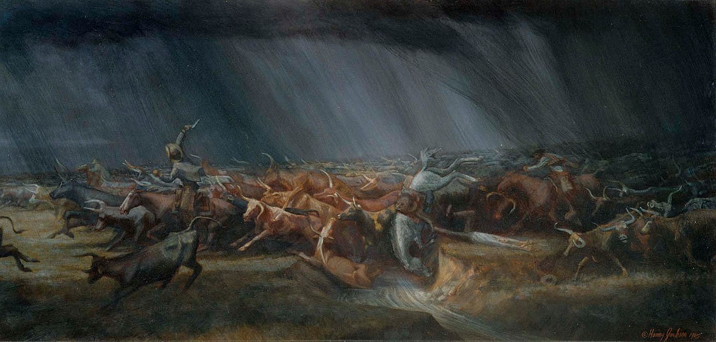 Harry Jackson (b. 1924). “The Stampede,” 1965. Oil on canvas; 111.25 x 245.75 inches. Gift of The Coe Foundation. 29.65.
