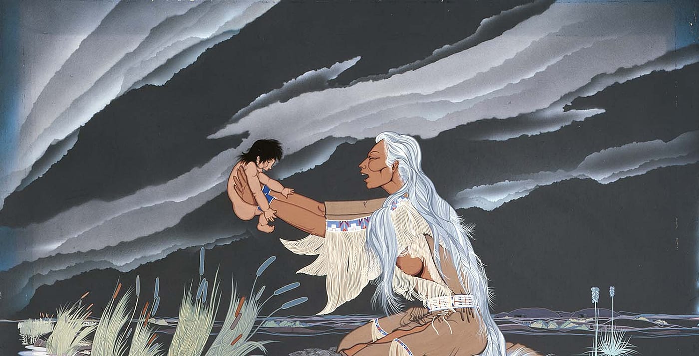 Blackbear Basin (1921-1980). "Mandan Mother and Child," ca. 1963. Gouache on illustration board, 29 x 40 in. Gift of Mr. and Mrs. Robert Wallick in memory of Wallace C. Ford. 13.74 (detail)