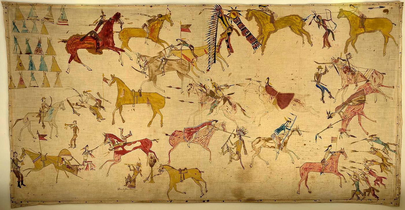Mee-nah-tsee-us (White Swan) (ca. 1851–1904). Apsaalooke (Crow), Montana. Painting, ca. 1887. Muslin, pencil, ink, watercolor, 37.25 x 70.5 inches. The Paul Dyck Plains Indian Buffalo Culture Collection, acquired through the generosity of the Dyck family and additional gifts of the Nielson Family and the Estate of Margaret S. Coe. NA.702.40