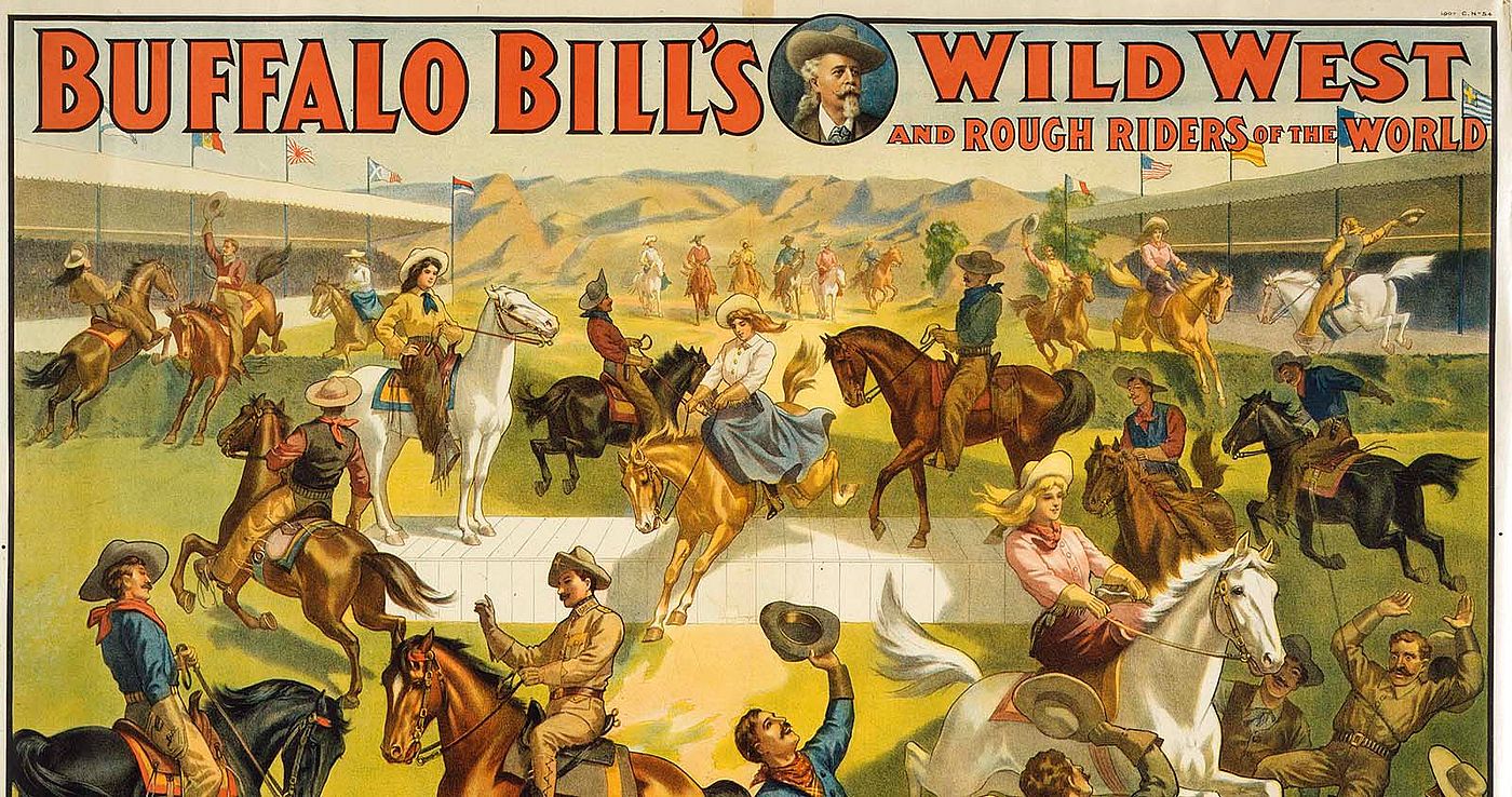 Trick riding was always a big part of the Wild West. Four-color lithograph, ca. 1907. The Strobridge Litho Co., Cincinnati, OH, and New York, NY. 1.69.2701 (detail)