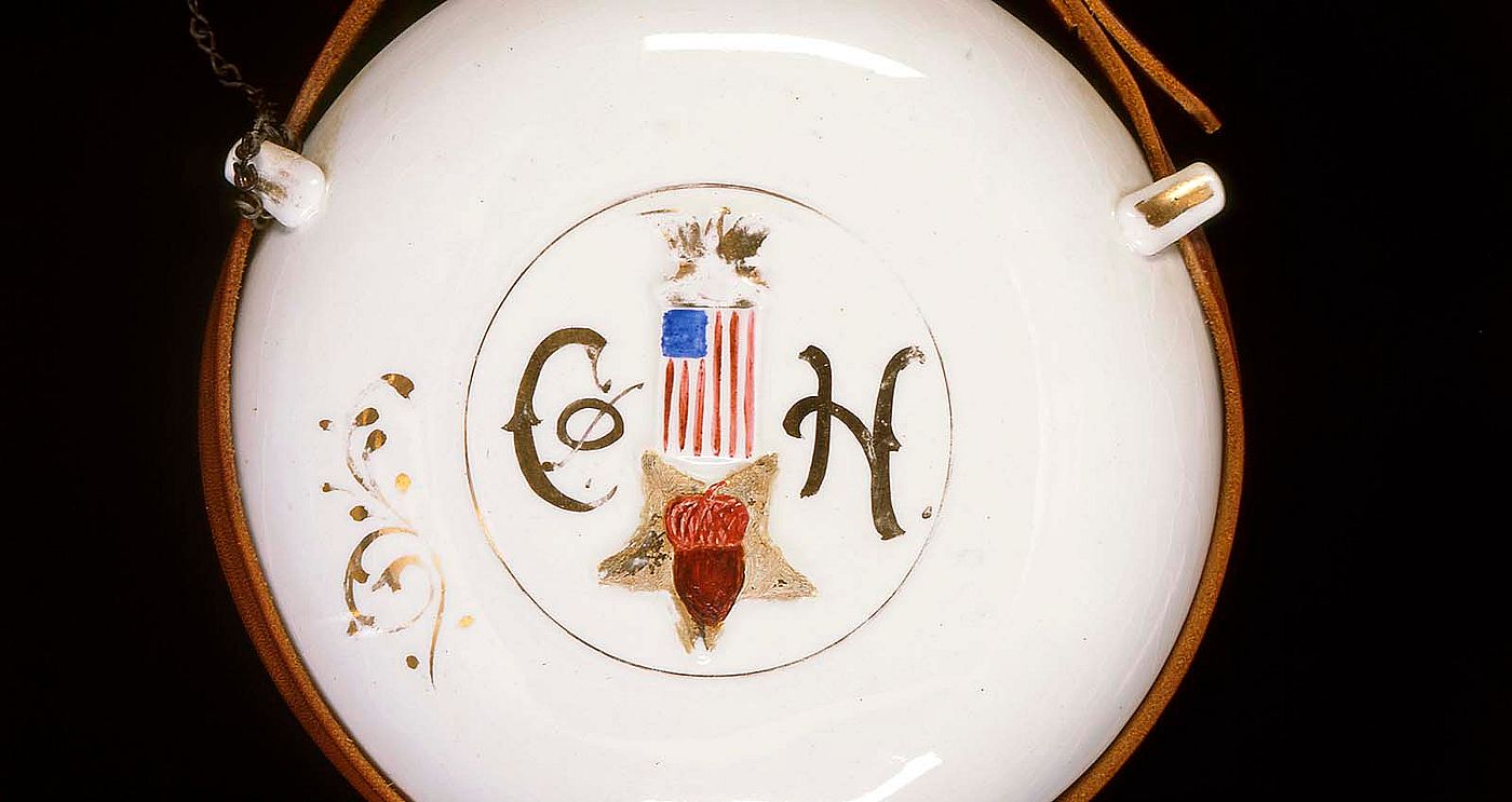 Civil War porcelain parade canteen, ca. 1861 – 1865. Gift of Don and Marjorie Lawson. 2004.17.1 (detail)