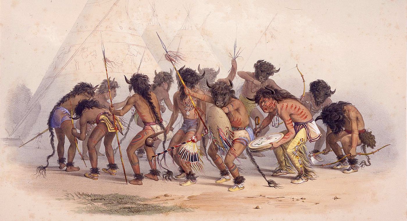 George Catlin (1796-1872). Buffalo Dance, 1844. Hand colored lithograph on paper. Gift of Mrs. Sidney T. Miller. 21.74.8