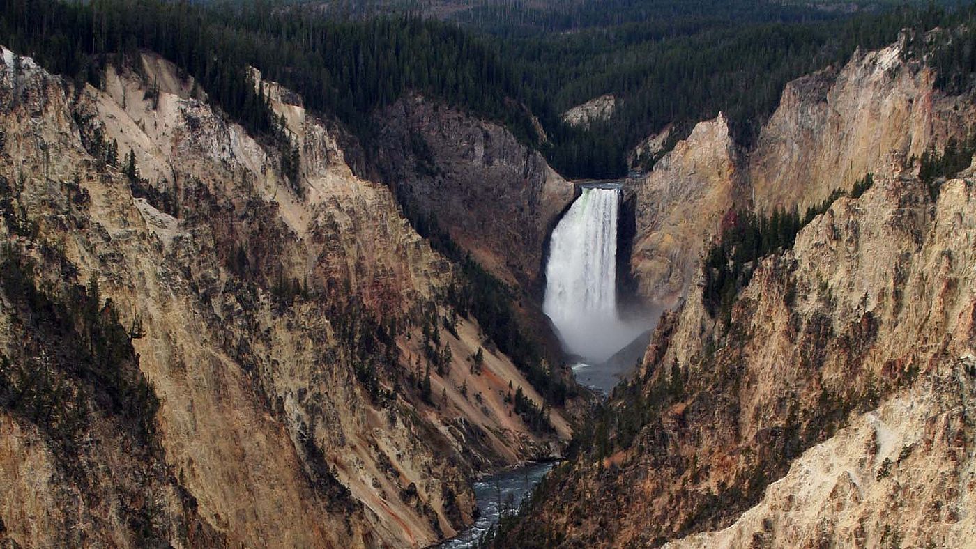 Breathtaking panorama of Lower Falls at Yellowstone, where water cascades powerfully down steep, colorful canyon cliffs.