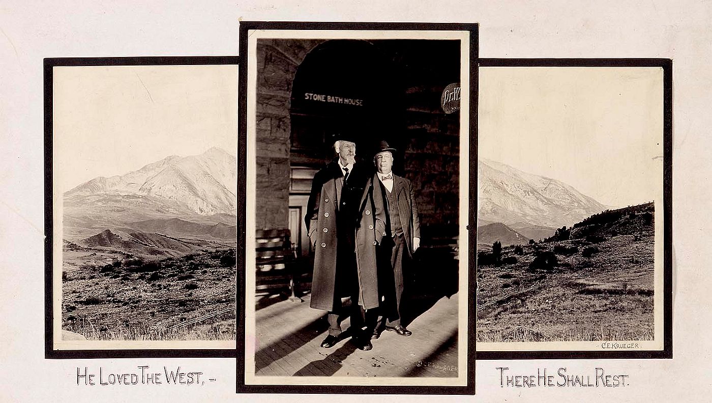 Last known photograph of Buffalo Bill, here pictured with his physician, Dr. Crook, standing outside Stone Bath House, Glenwood Springs, Colorado, 1917. MS 6 William F. Cody Collection. P.69.999
