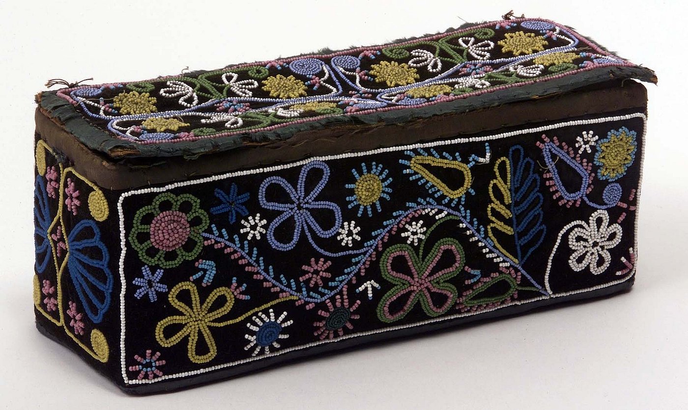 Box, Huron, Eastern Woodlands, ca. 1890. Birch bark, Commercial cardboard, velvet cloth, glass beads, cotton thread. Chandler-Pohrt Collection, Gift of Mr. William D. Weiss. NA.106.247