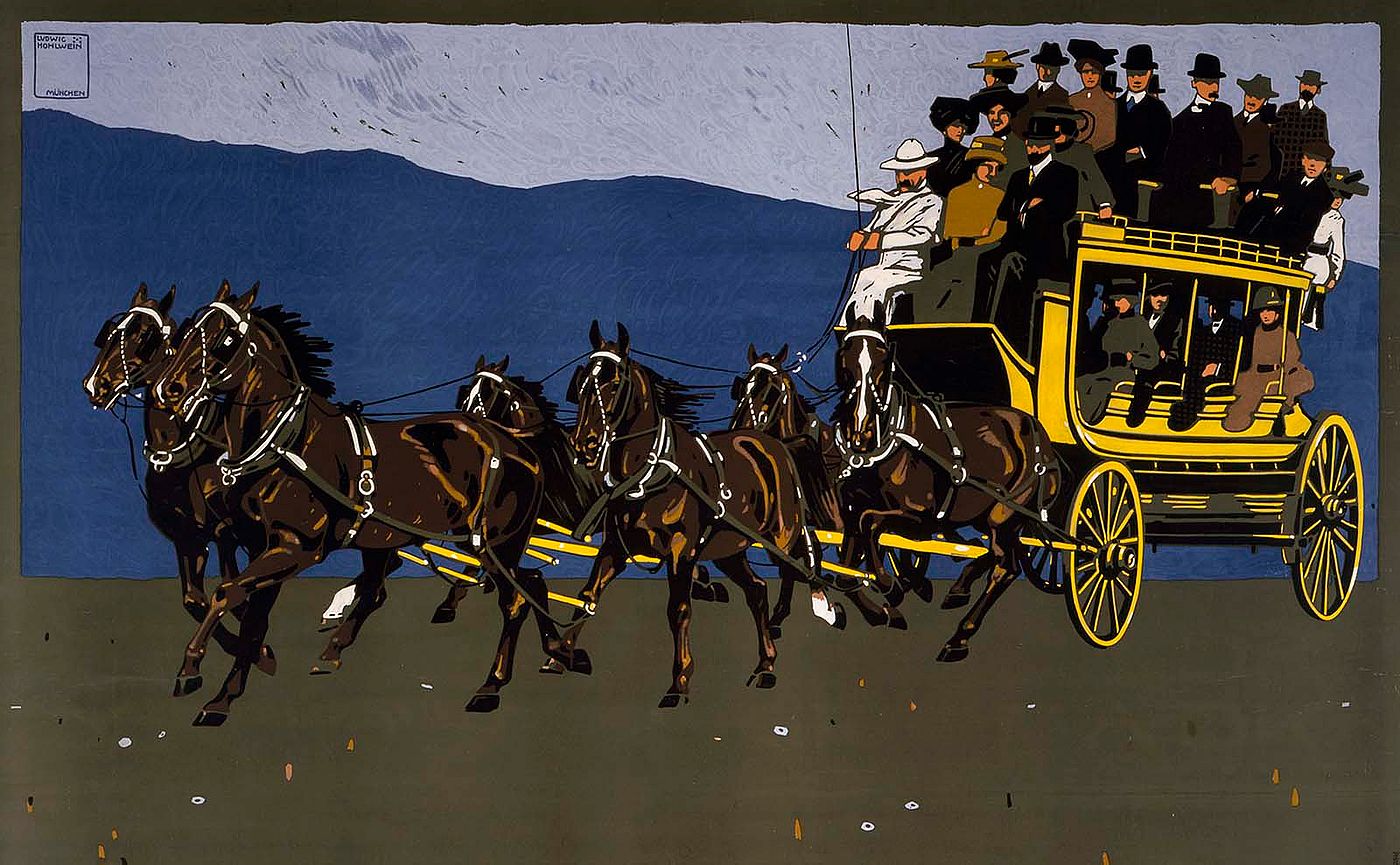 Serigraph poster, Yellowstone National Park Transportation Company coach. Ludwig Hohlwein, Munich, H. Schuh and Cie, printers, ca. 1910. Gift of Clyde S. Erskine and Helen E. Erskine. 1.69.1836 (detai)
