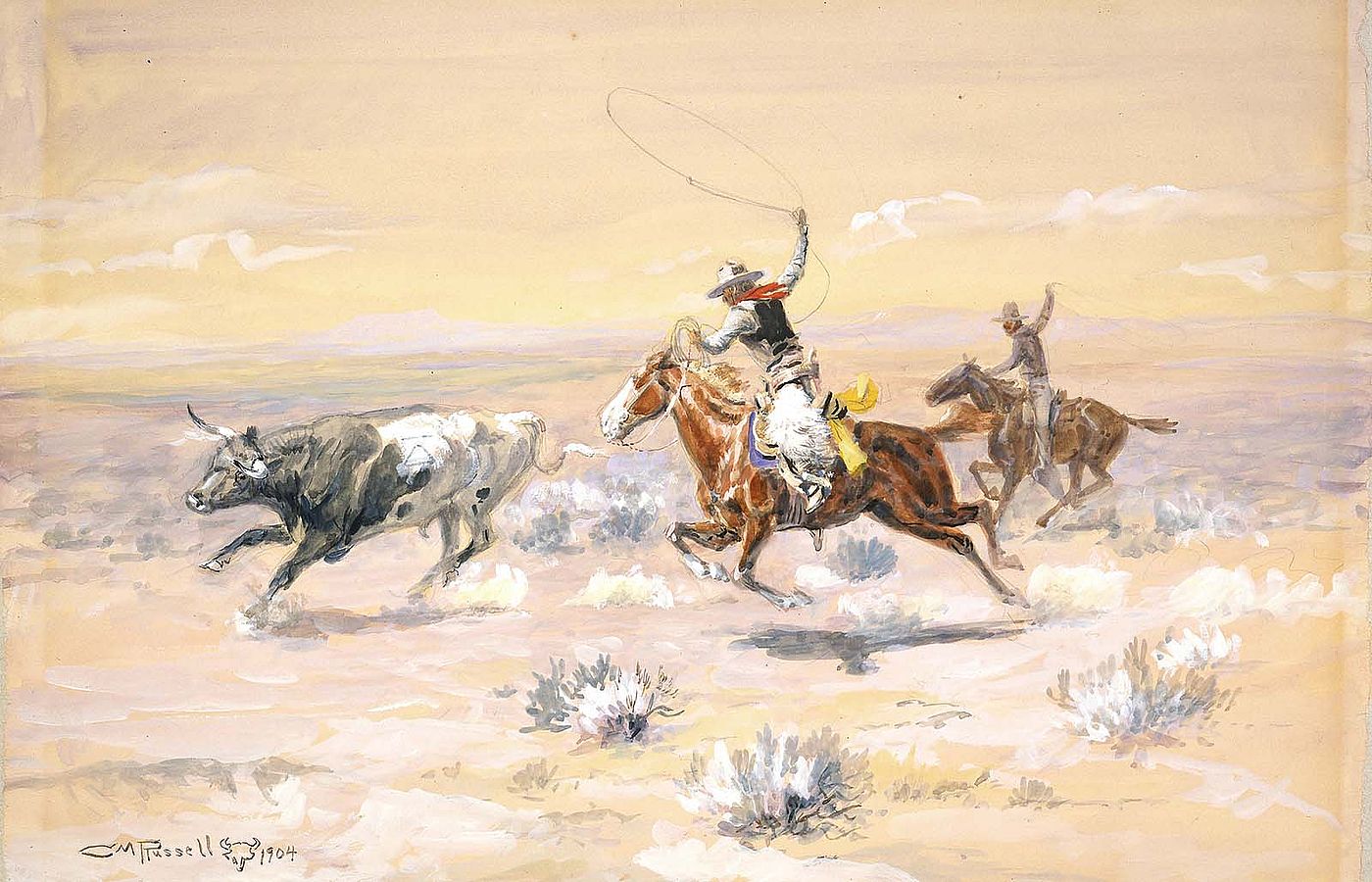 C.M. Russell (1864-1926). "Cowboys from the Bar Triangle," 1904. Watercolor on paper, 11 x 16 inches. Gift of William E. Weiss. 59.72 (detail)