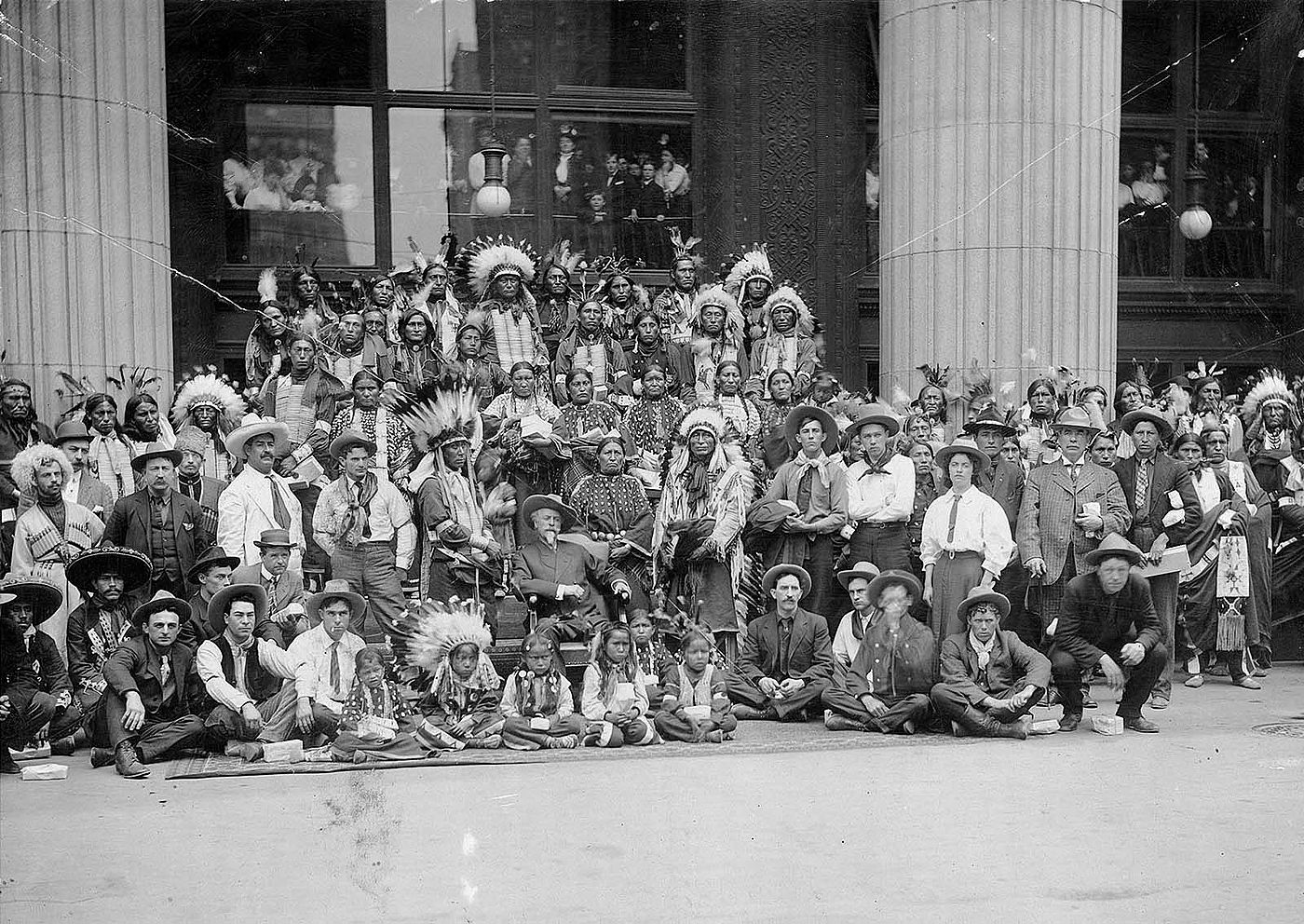 Buffalo Bill and the Wild West visited Wanamaker's Department Store in Philadelphia, and posed for the camera, probably in 1908. Store employees were intrigued by these unique customers. Gift of Gilbert Patten. P.69.1243.7