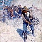 National Cowboy Day: N.C. Wyeth, Above the Sea of Round, Shiny Backs the Thin Loops Swirled and Shot into Volumes of Dust, 1904