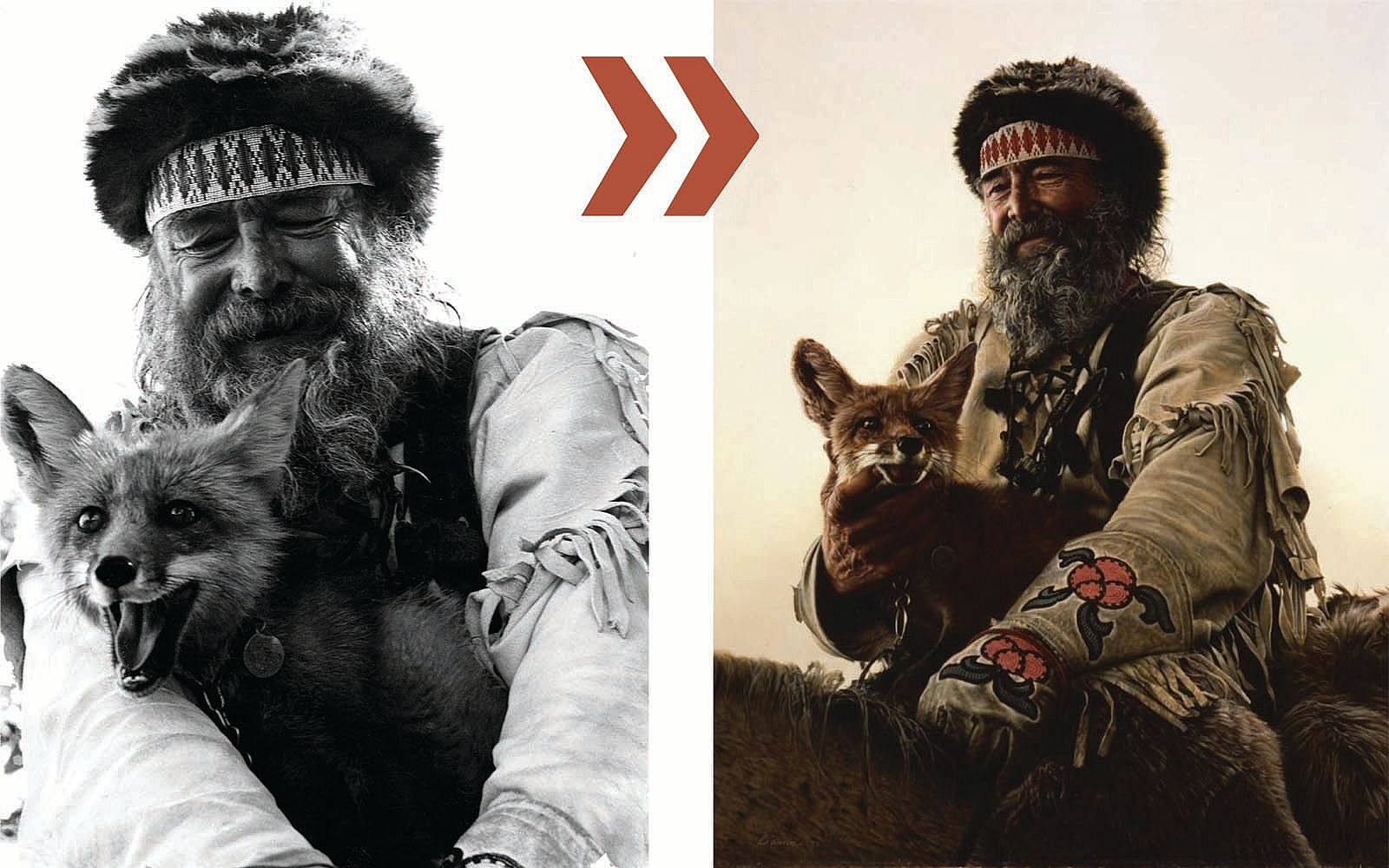 A portrait photograph by James Bama of Timber Jack Joe and his fox, which was one of a series of photos the artist took for an oil painting he completed in 1970. Bama told “Points West” in 2019 that he liked the challenge of painting fine details like hair, beadwork, and patterned fabrics. MS 243 James Bama Collection, McCracken Research Library. Photograph: MS 243 James Bama Collection, McCracken Research Library, P.243.50345P.243.50345; Painting: “Timber Jack Joe and Fox,” 1979. Oil on artist's board, 30 x 23.875 inches. 19.98.1