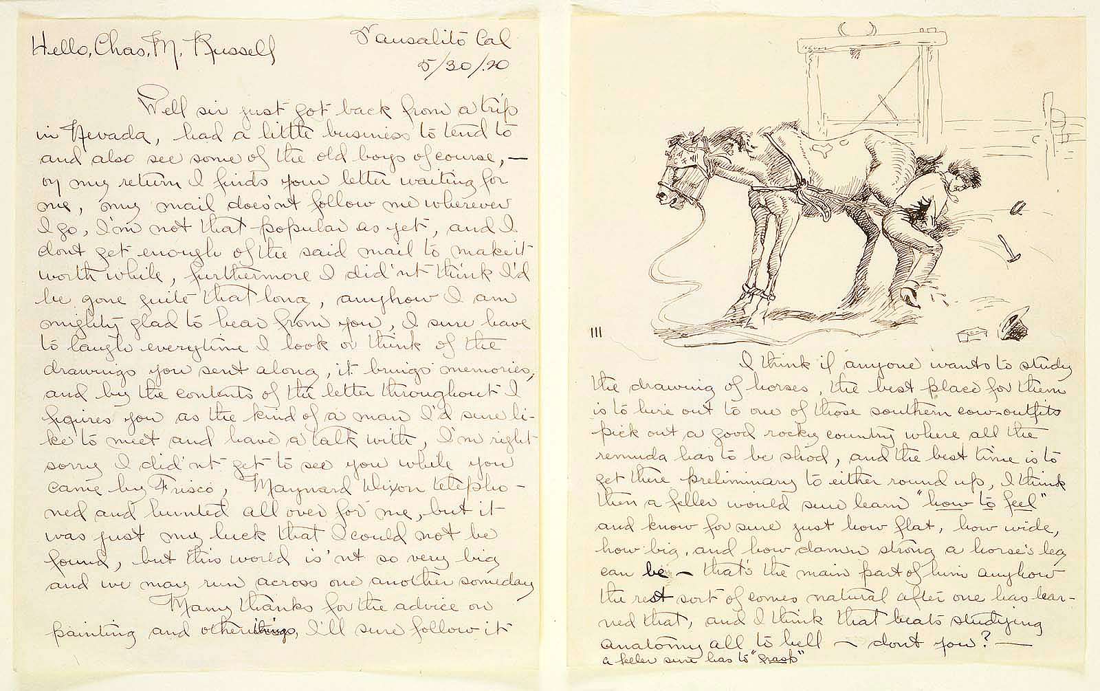 Will James (1892-1942). "Hello, Chas. M. Russell, May 30, 1920." Pen and ink letter from Will James to Charlie Russell. Gift of William E. Weiss. 79.60.2A/B