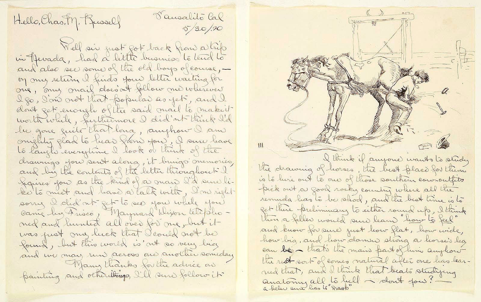 Will James (1892-1942). "Hello, Chas. M. Russell, May 30, 1920." Pen and ink letter from Will James to Charlie Russell. Gift of William E. Weiss. 79.60.2A/B