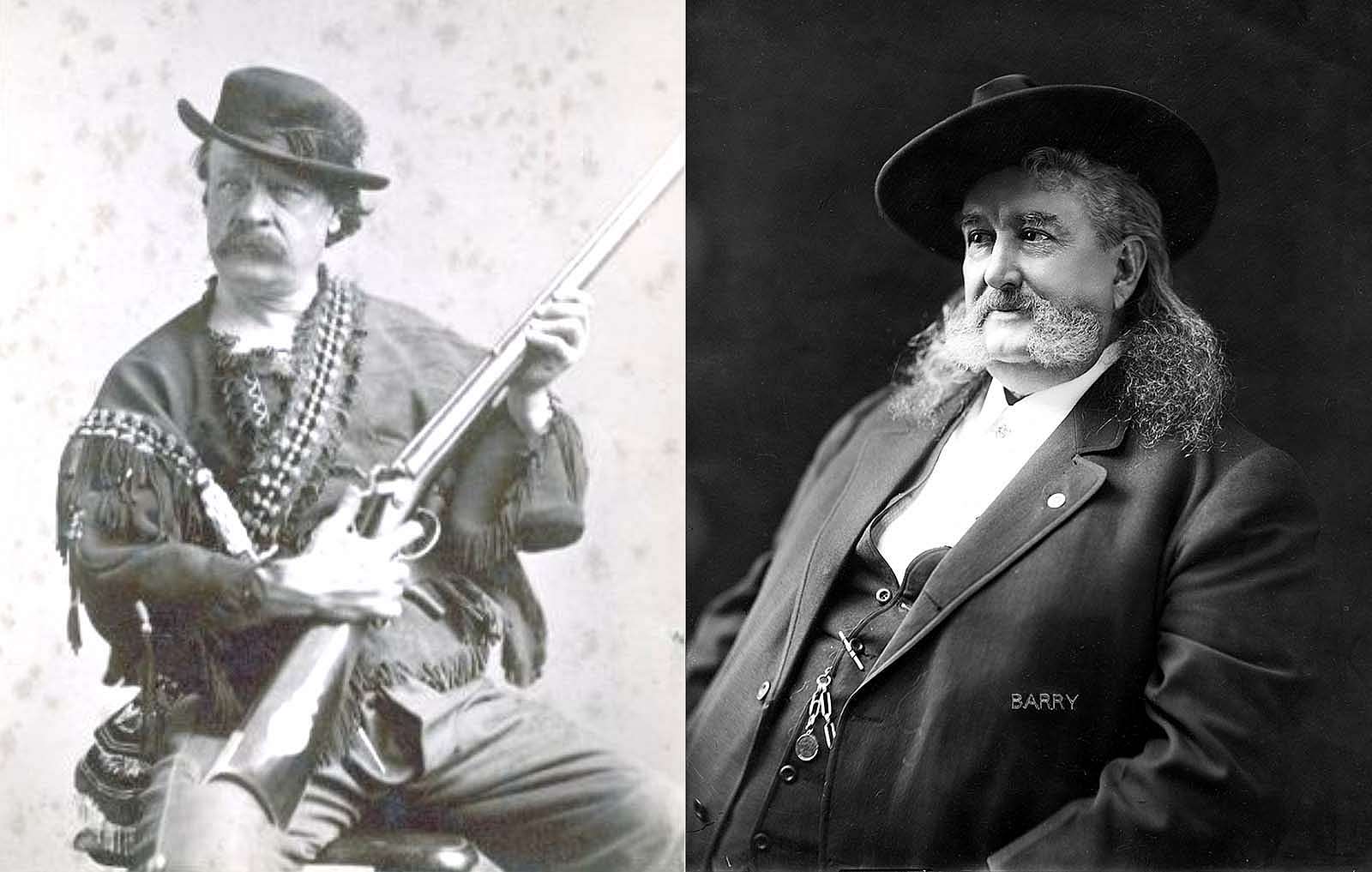 Ned Buntline holds a rifle and John Burke poses in a pair of separate publicity photos. Ned Buntline. MS 071 Vincent Mercaldo Collection, McCracken Research Library. P.71.0107 and John Burke. MS 006 William F. Cody Collection, McCracken Research Library. P.69.0093