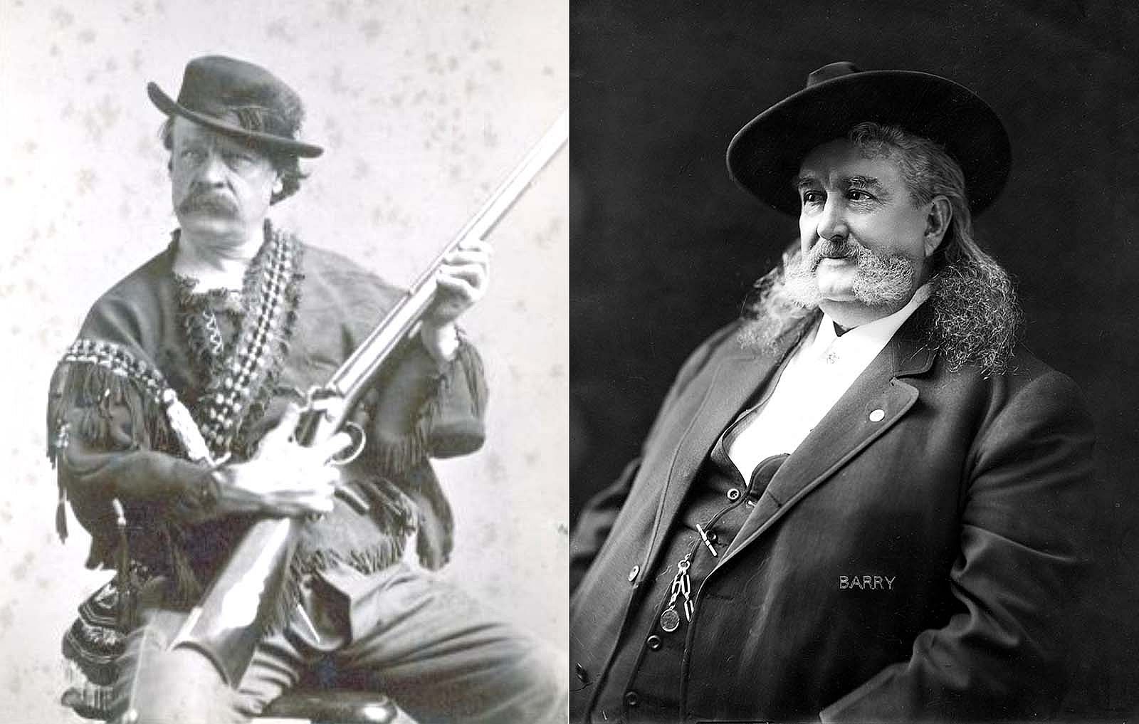 Ned Buntline holds a rifle and John Burke poses in a pair of separate publicity photos. Ned Buntline. MS 071 Vincent Mercaldo Collection, McCracken Research Library. P.71.0107 and John Burke. MS 006 William F. Cody Collection, McCracken Research Library. P.69.0093