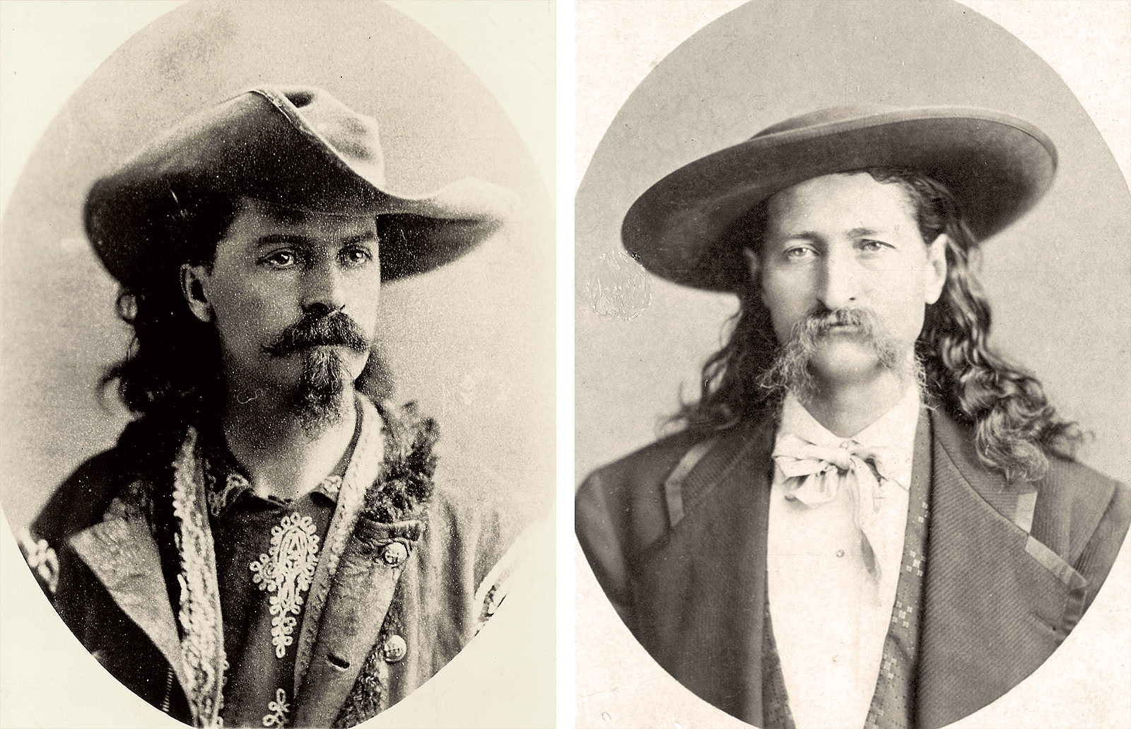 Portraits of Buffalo Bill in western shirt, coat, and cowboy hat with curved up brim; and Wild Bill in dress clothes and wide-brimmed, low-crown hat.
