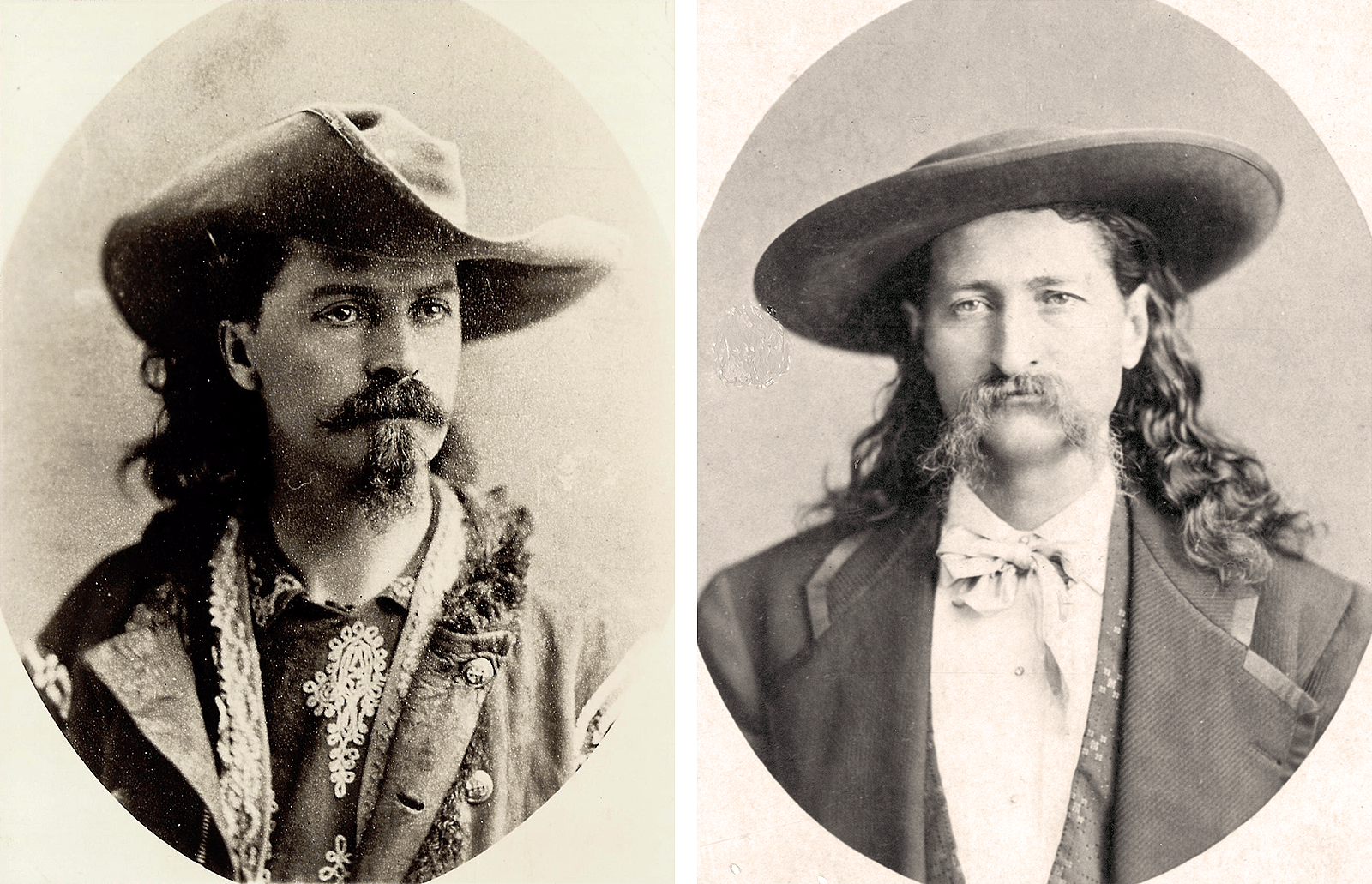Portraits of Buffalo Bill in western shirt, coat, and cowboy hat with curved up brim; and Wild Bill in dress clothes and wide-brimmed, low-crown hat.