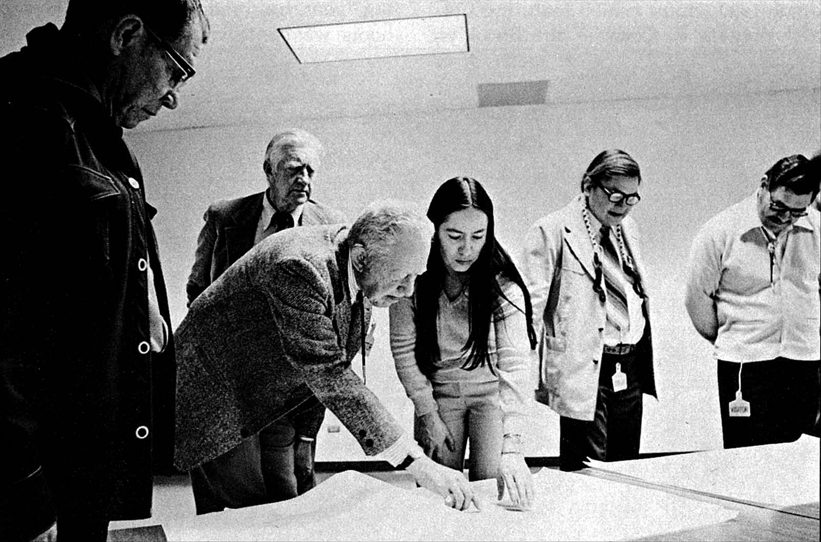 Fig. 4: (L-R) John Warren, Arapaho; Dr. Dewitt Dominick; Royal B. Hassrick; Marie Varilek, Shoshone; and George Horse Capture, Gros Ventre: the first Plains Indian Museum Advisory Board, 1976, Cody, Wyoming.