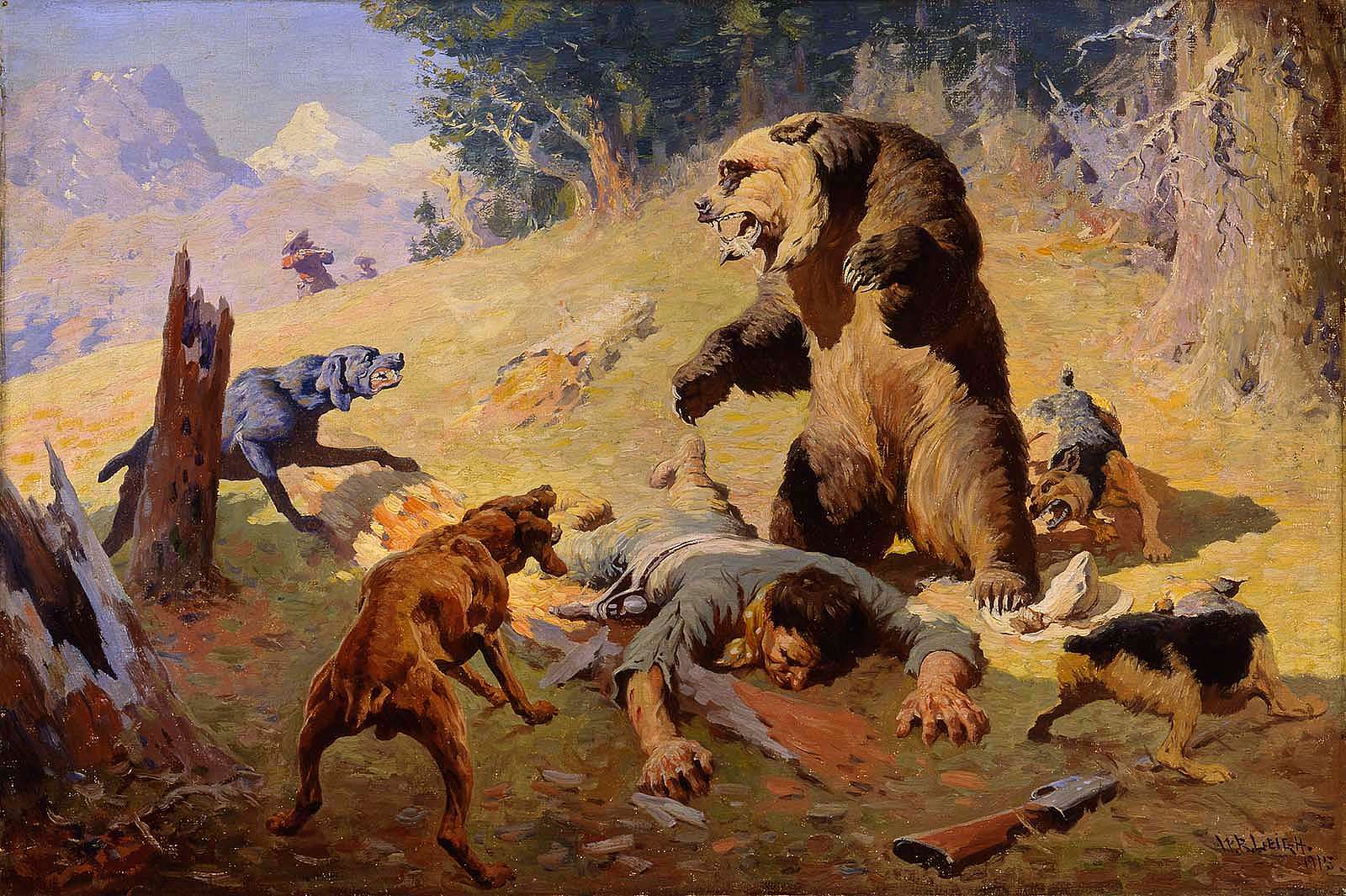 William R. Leigh (1866–1955). Grizzly at Bay, 1913–1915. Oil on canvas, 24 x 36 inches. William E. Weiss Memorial Fund Purchase. 5.91