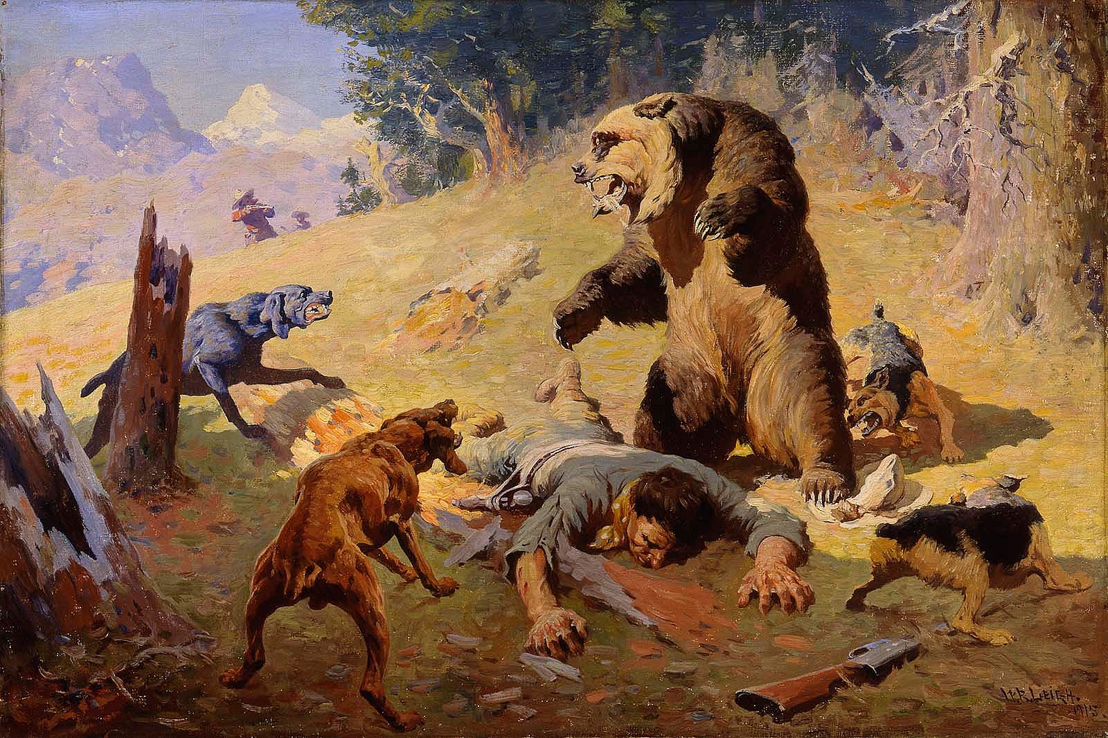 William R. Leigh (1866–1955). Grizzly at Bay, 1913–1915. Oil on canvas, 24 x 36 inches. William E. Weiss Memorial Fund Purchase. 5.91