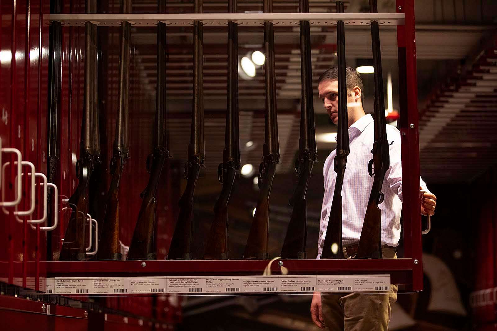 High density display cases facilitate 360-degree views of firearms on the lower level of the Cody Firearms Museum
