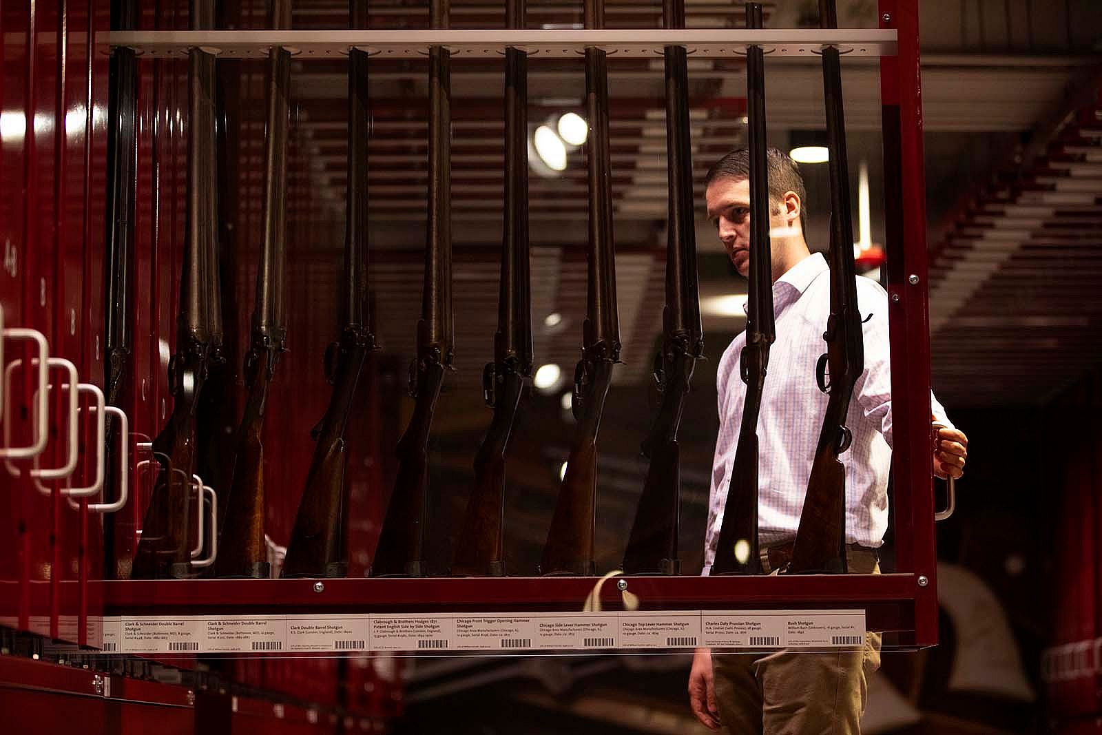 High density display cases facilitate 360-degree views of firearms on the lower level of the Cody Firearms Museum