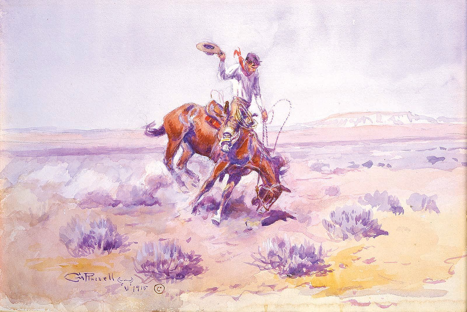 Fig. 6: Russell's "Bronco Buster," 1915. Watercolor on paper. 11 x 16.625 inches. Gift of William E. Weiss. 58.72
