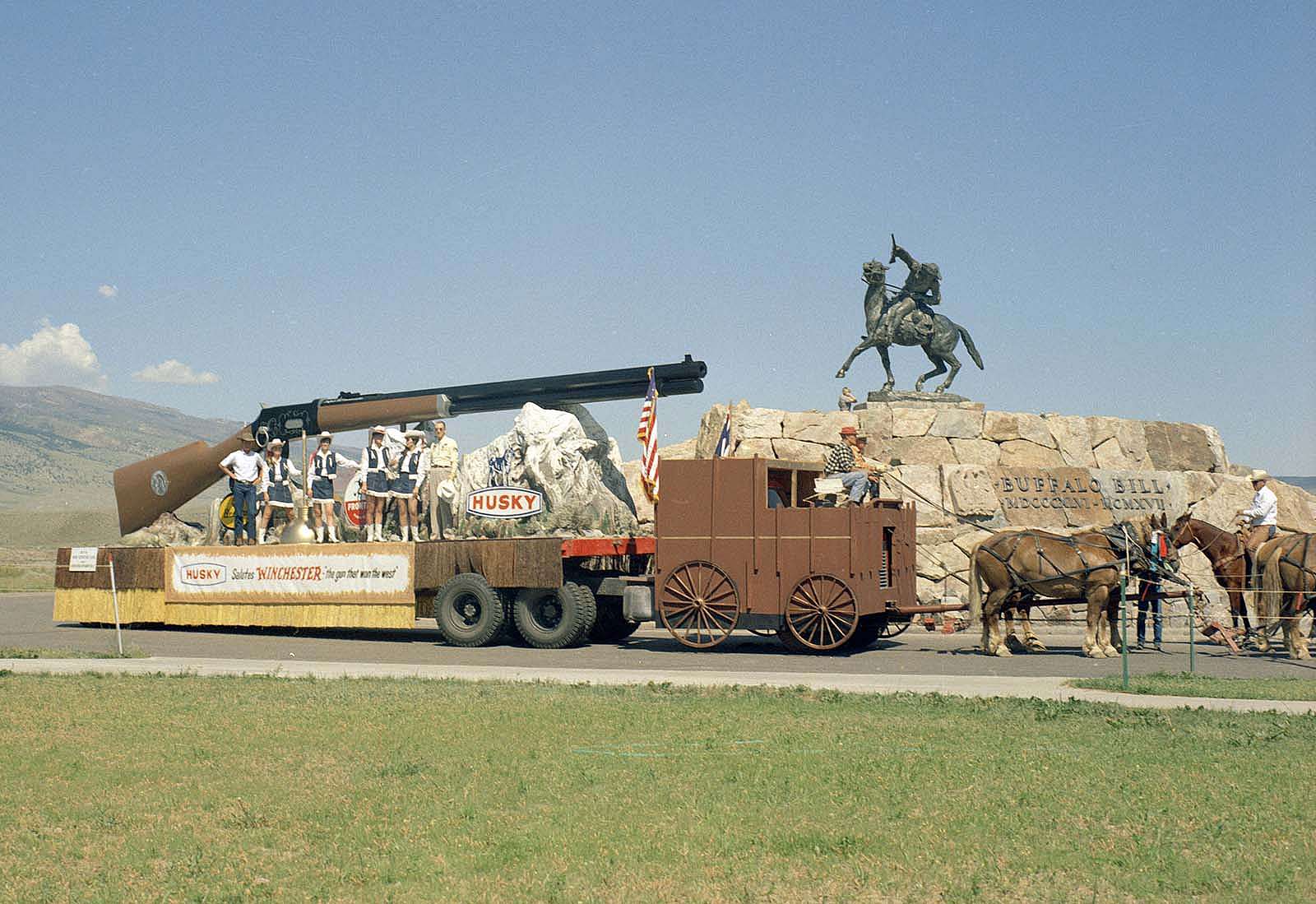 Husky Oil Company's float celebrating "Winchester: the gun that won the West," July 4, 1968. MS 089 Jack Richard Photograph Collection, McCracken Research Library. PN.89.49.10081.150