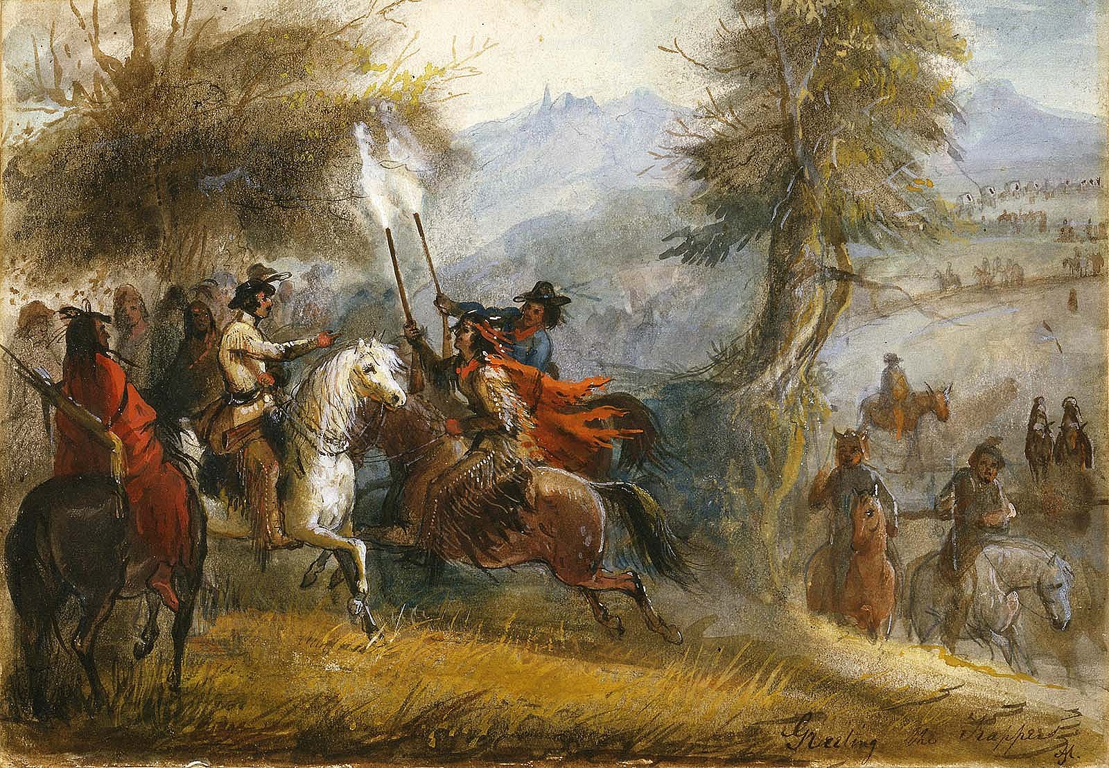 Alfred Jacob Miller (1810-1874). "Greeting the Trappers," ca. 1837. Watercolor on paper. Gift of The Coe Foundation. 8.70