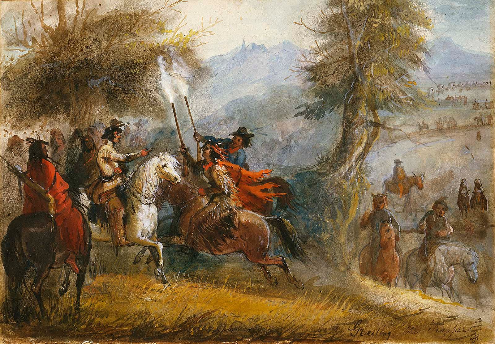 Alfred Jacob Miller (1810-1874). "Greeting the Trappers," ca. 1839; ca. 1837. Watercolor on paper, 6.5 x 9.5 inches. Buffalo Bill Center of the West, Cody, Wyoming. Gift of The Coe Foundation. 8.70