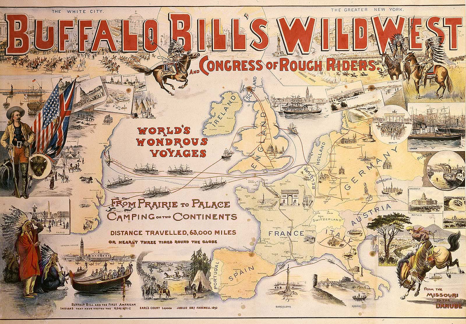 Buffalo Bill's Wild West was one of the "hottest tickets" in America and Europe, as this 1894 lithograph poster reveals. After its 1891-1892 visit to Glasgow, the Wild West returned to eager audiences in 1904. Gift of The Coe Foundation. 1.69.167