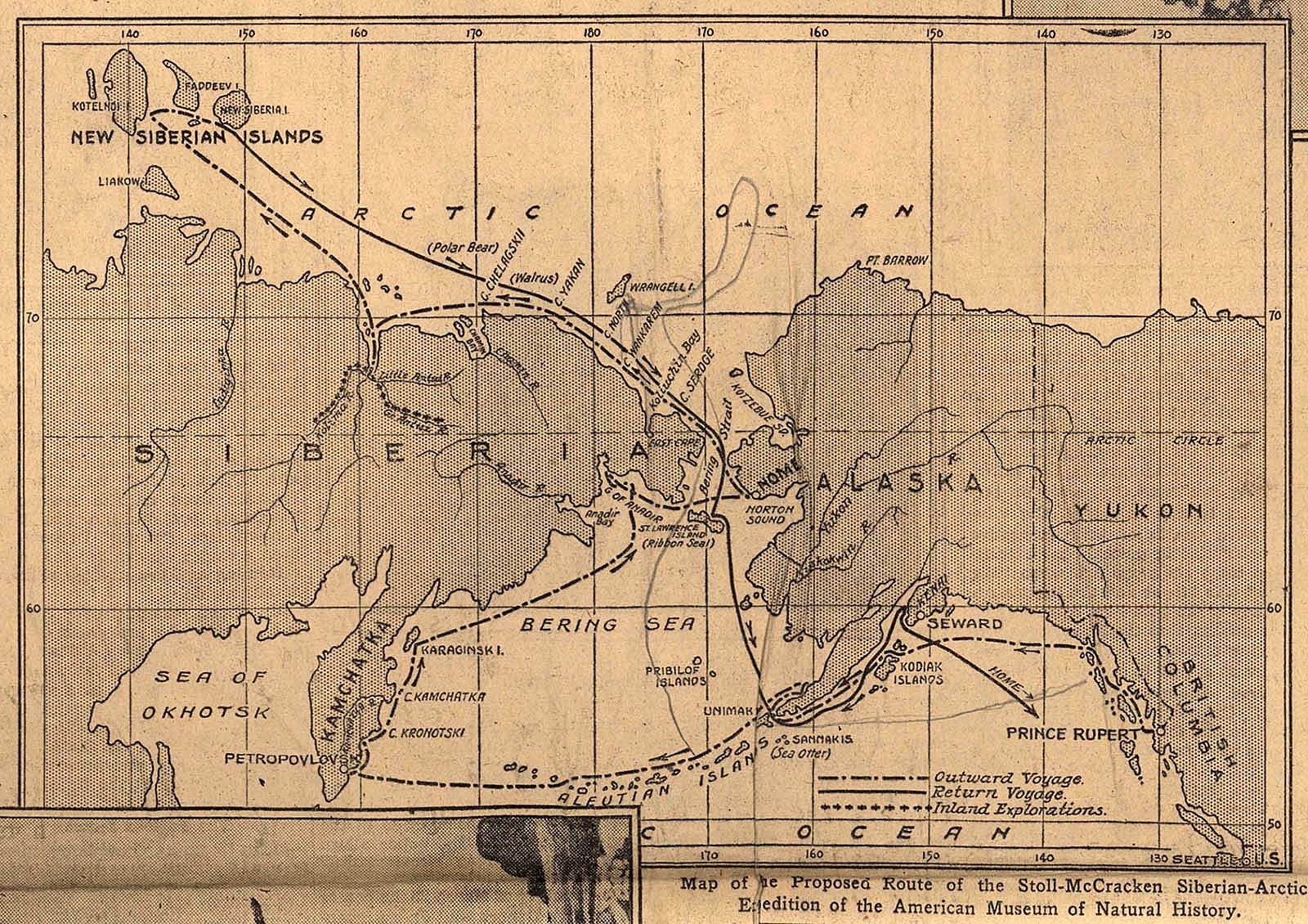 Map, Stoll-McCracken Siberian-Arctic Expedition of the American Museum of Natural History, published in the "New York Times" April 8. 1928. Scrapbook, MS 305 Harold McCracken Photograph Collection, McCracken Research Library. MS305.02.010