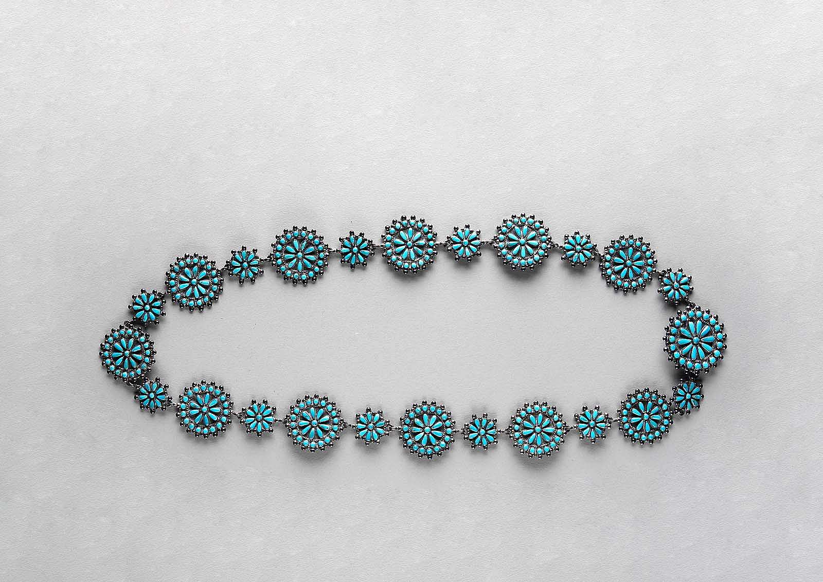 Silver and turquoise belt, ca. 1940s. Gift of Mrs. Frank D. Oastler. NA.203.309