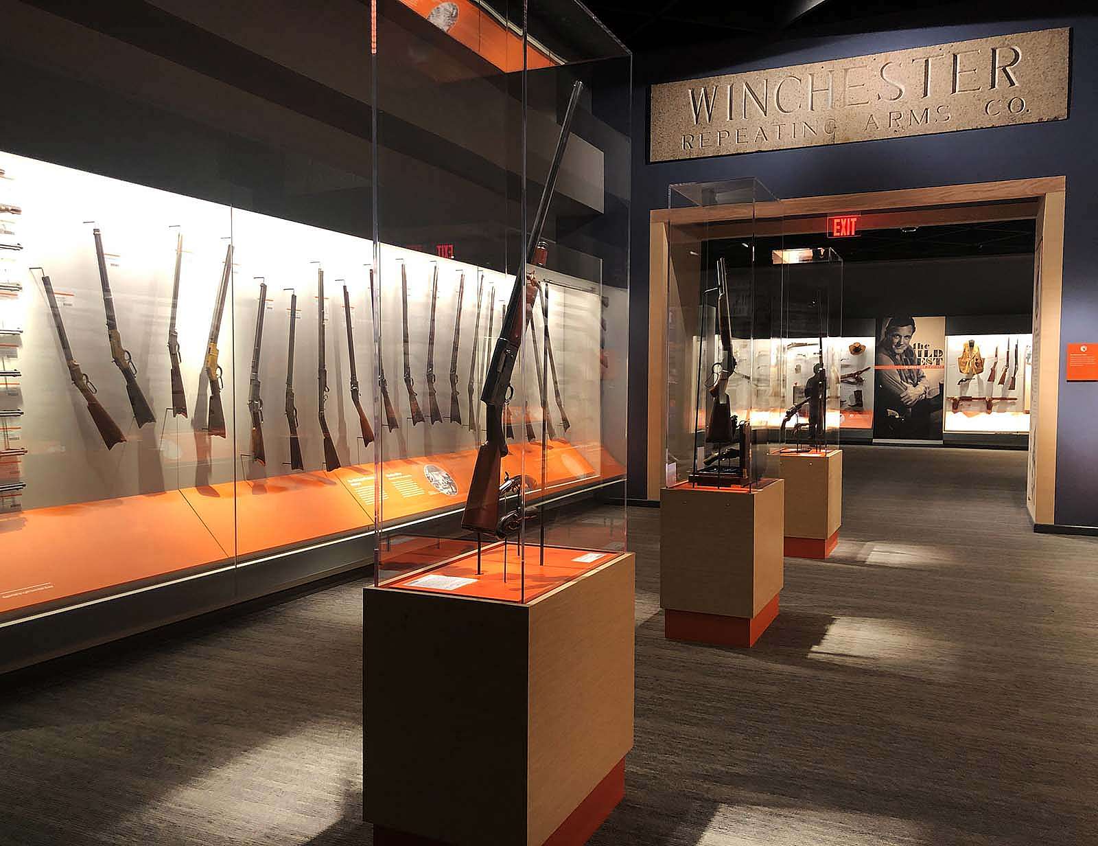Firearms and the West gallery in the Cody Firearms Museum, with Winchester Factory lintel.