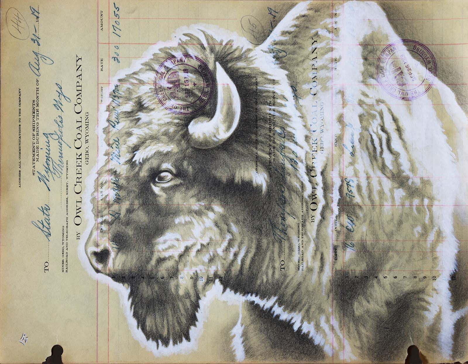 Artwork by Robert Martinez: Owl Creek Buffalo, graphite & acrylic on antique ledger paper. Photo courtesy Robert Martinez.