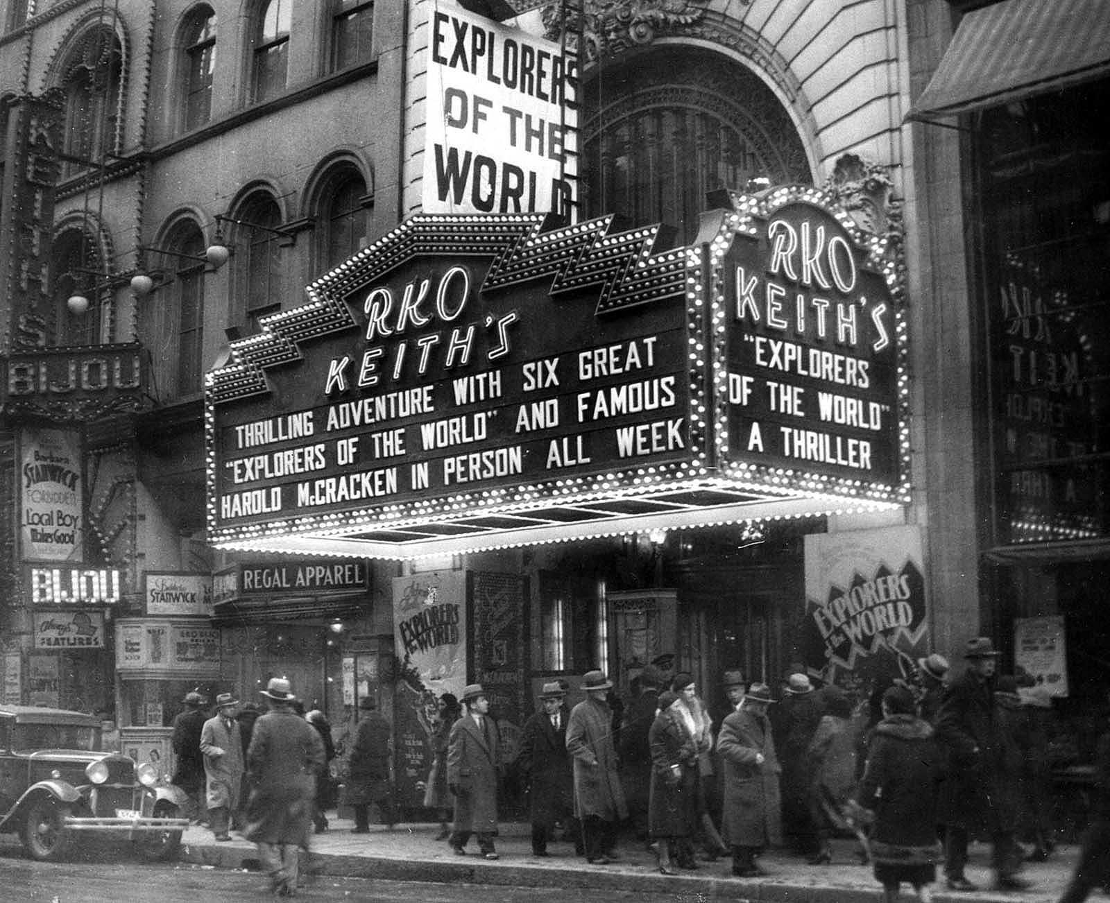 Explorers of the World marquee in Boston. MS 305 Harold McCracken Photograph Collection, McCracken Research Library. MS305.04.050