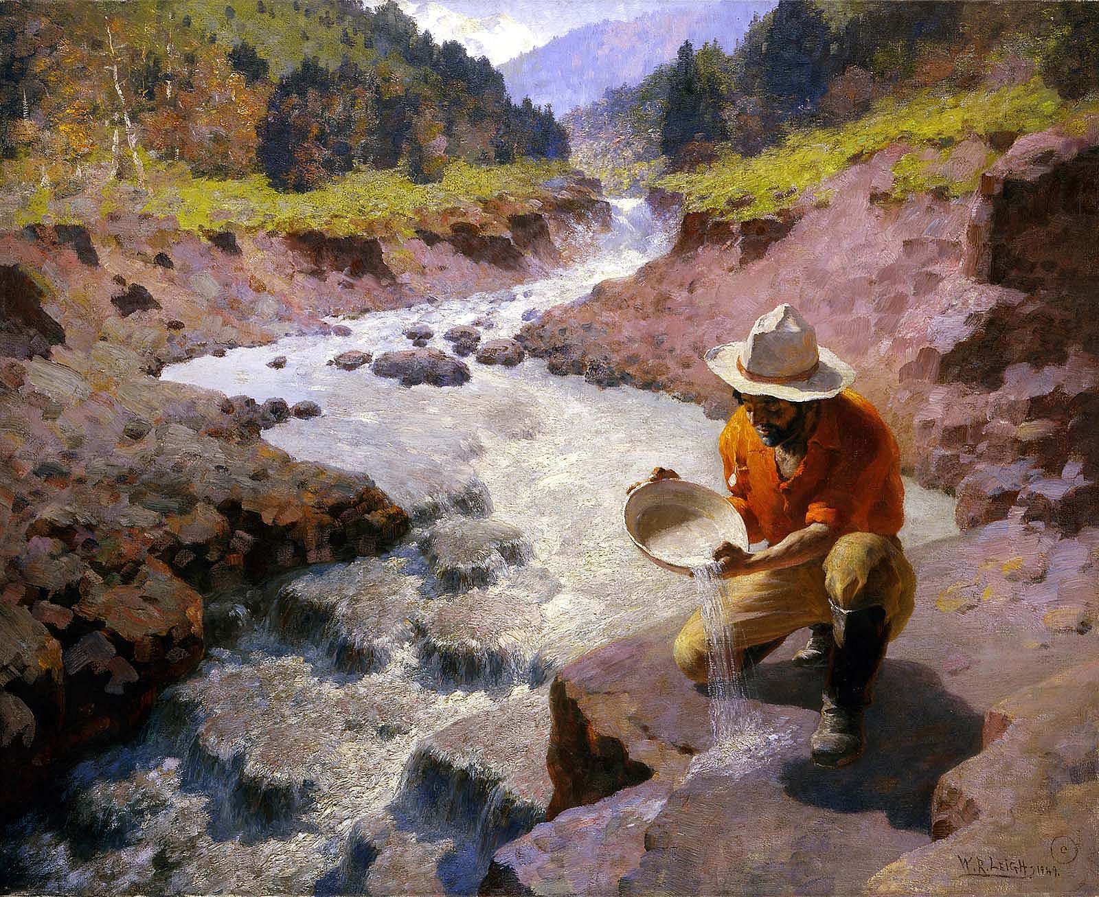 William R. Leigh (1866 – 1955). Panning Gold, Wyoming, 1949. Oil on canvas, 32.25 x 40 inches. Gift of the artist. 1.59