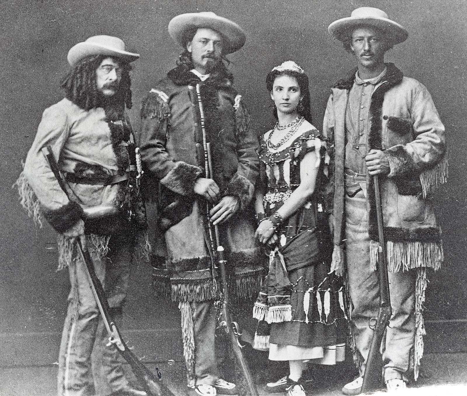 E.Z.C. Judson (Ned Buntline), William F. Cody, Giuseppina Morlachi, and John B. "Texas Jack" Omohundro appear in a publicity photo for the stage production that launched Cody's career as a showman. MS 071 Vincent Mercaldo Collection, McCracken Research Library. P.71.1280