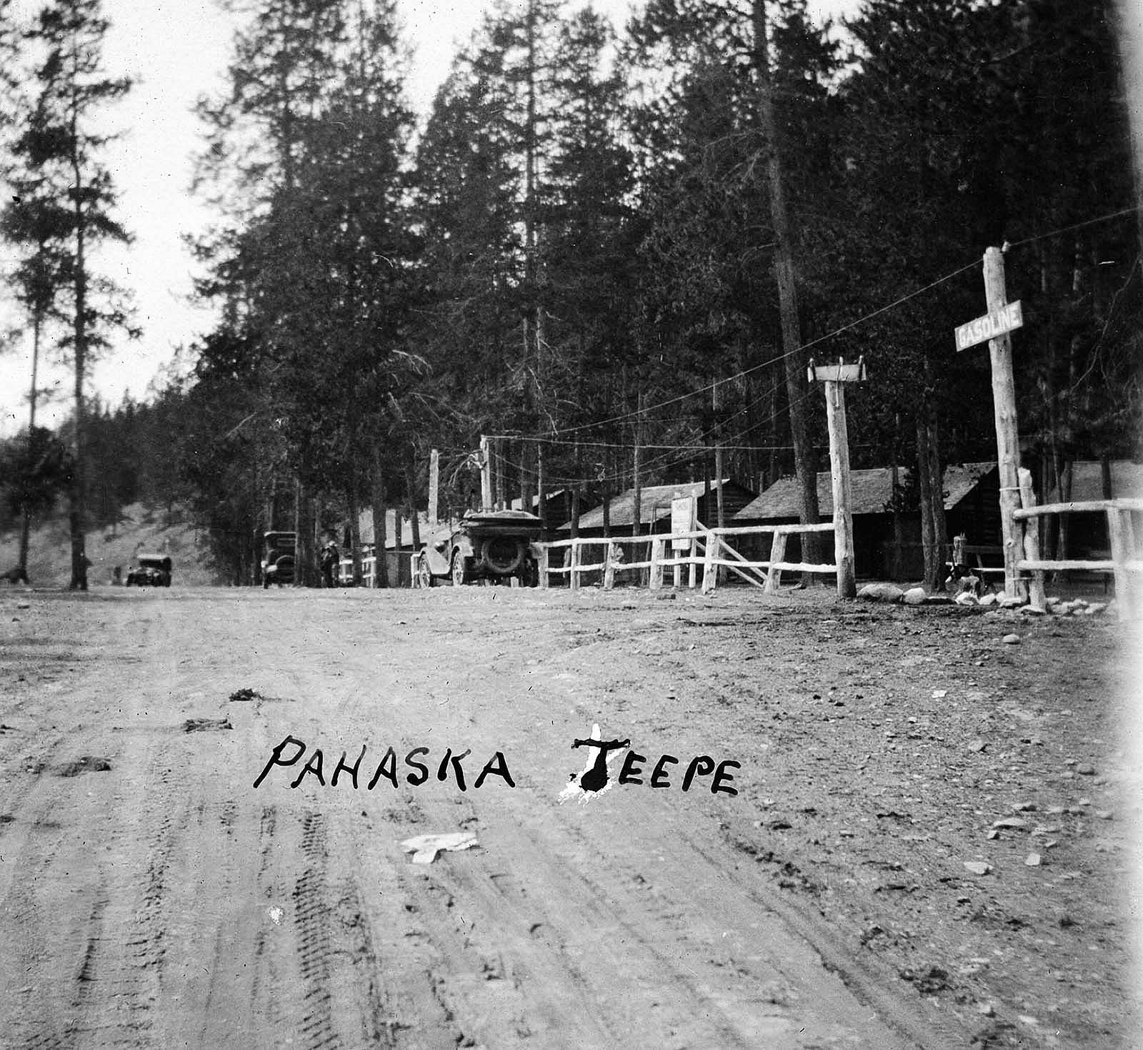 The original Cody Road to Yellowstone running right in front of the Pahaska compound, about where the parking lot is today, ca. 1916. Coe family archives photo, used with permission..