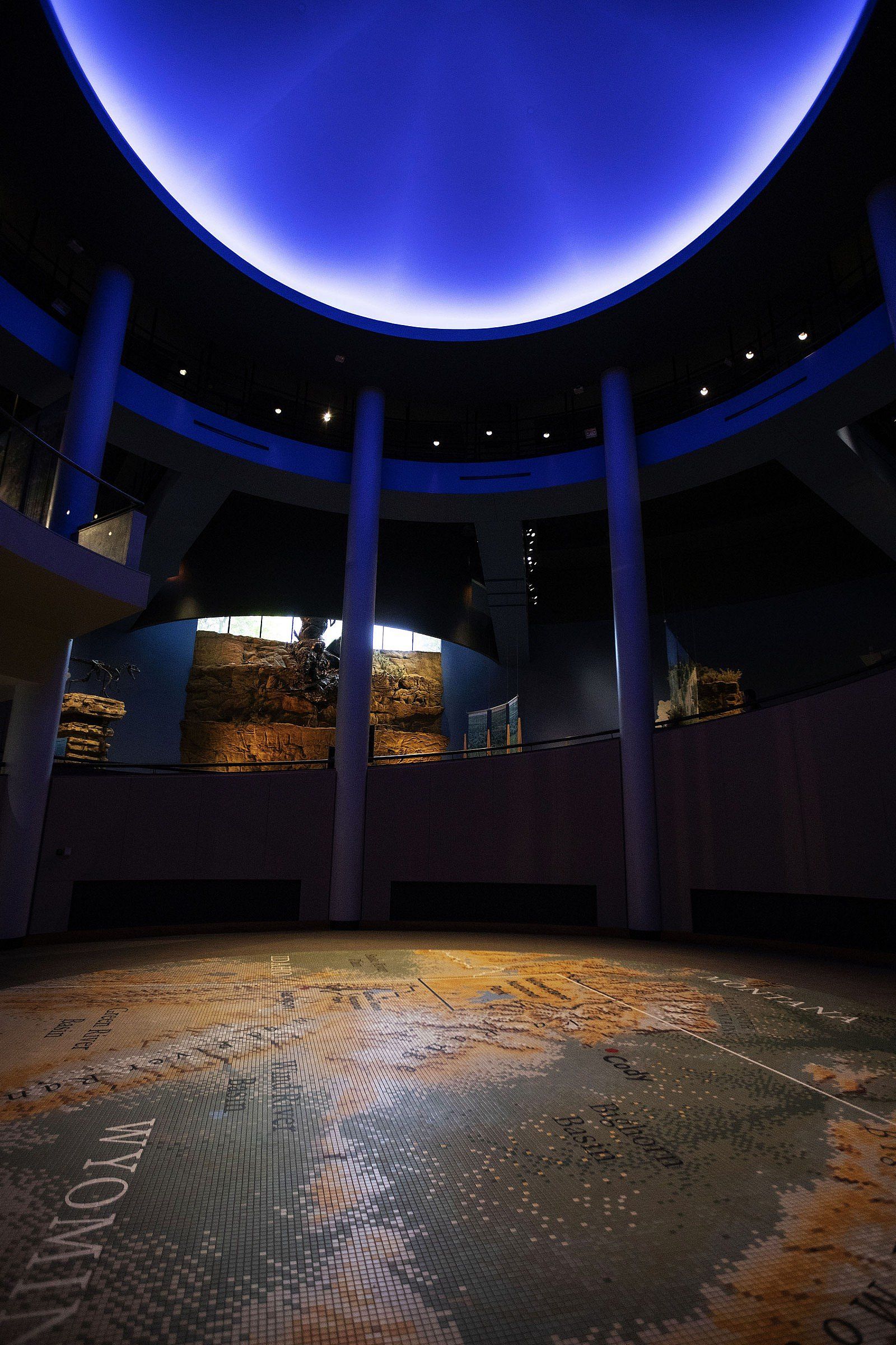 Mosaic tile map of the Greater Yellowstone region at the base of the rotunda, Draper Natural History Museum, Buffalo Bill Center of the West, Cody, Wyoming, USA. (BBCW-DHNM03)