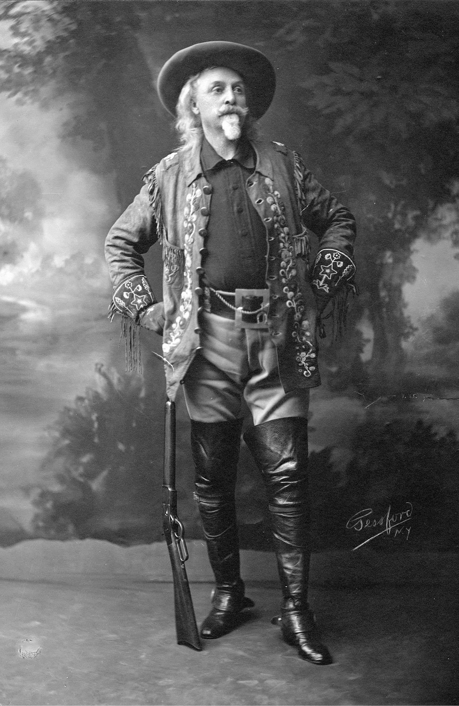 Photograph, William F. "Buffalo Bill" Cody in fringed and beaded jacket, ca. 1911 - 1913. Studio portrait by Gessford, N.Y. Buffalo Bill Center of the West, Cody, Wyoming. MS 6 William F. Cody Collection, McCracken Research Library. P.69.1080 (BBCW-WFC02-P.69.1080)