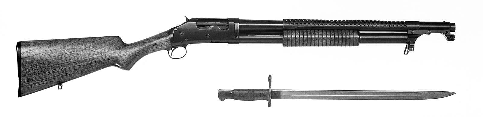 Winchester model 97 "Trench" shotgun, with bayonet. MS 20 Winchester Repeating Arms Company Archive, McCracken Research Library. P.20.2139