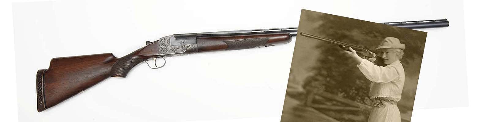 Ithaca Single Barrel Trap Gun, 12 gauge, Serial Number 264501, owned by Annie Oakley. Oakley with a rifle. 2008.10.1 and P.69.0932