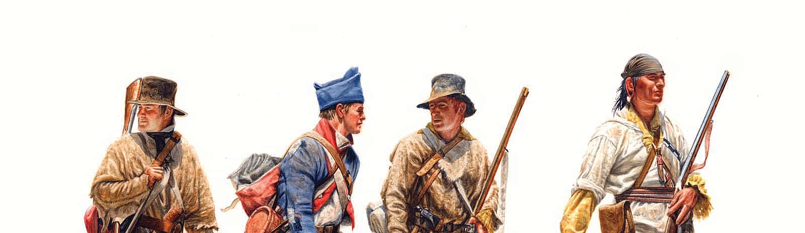 Michael Haynes (b. 1956). "The Scouts—John Potts, Richard Windsor, Hugh McNeal, and George Drouillard," 1805, 2008. Watercolor. Collection of Timothy Peterson. Image courtesy Michael Haynes. (detail)