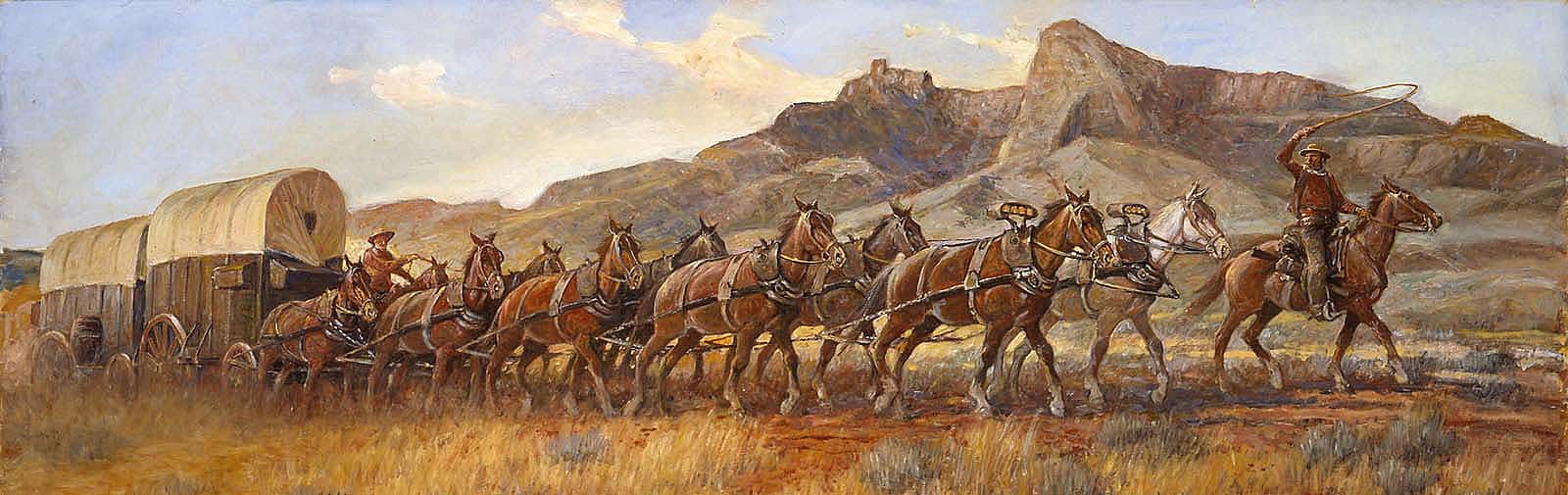 Heart Mountain has always been a landmark to travelers in the Cody area. Nick Eggenhofer (1897-1985). "Wyoming String Team c. 1880," 1966. Oil on canvas. Museum purchase. 2.66 (detail)