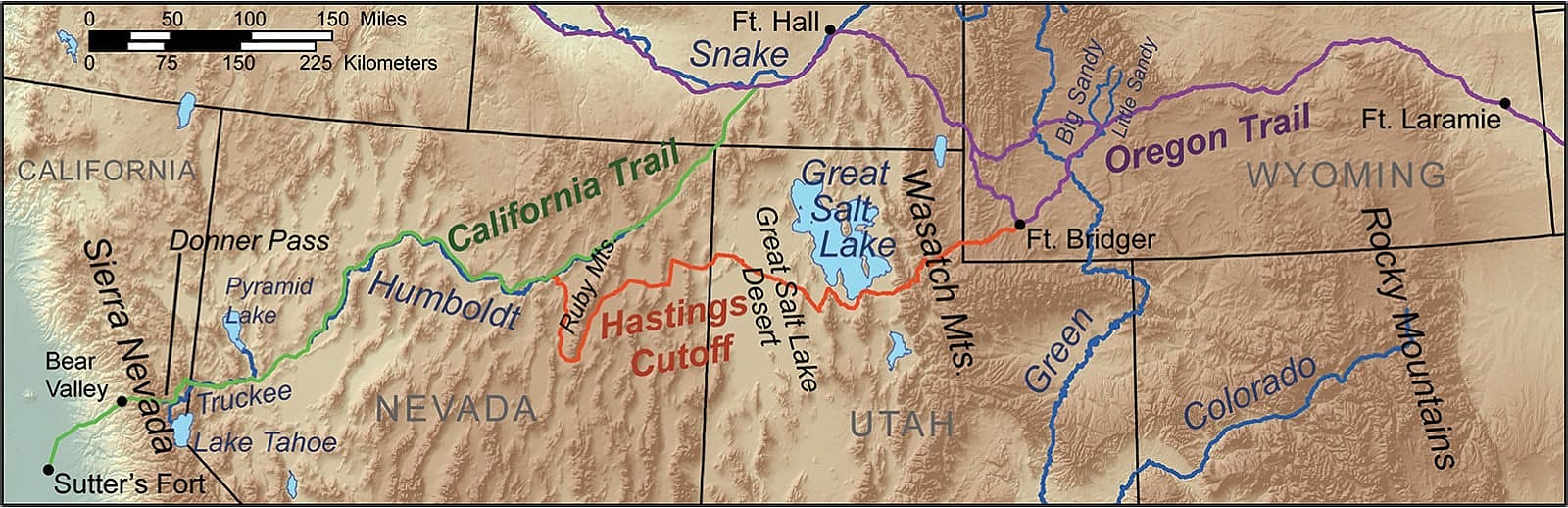 The Donner Party route map with the Hastings Cutoff marked in red. Wikipedia.