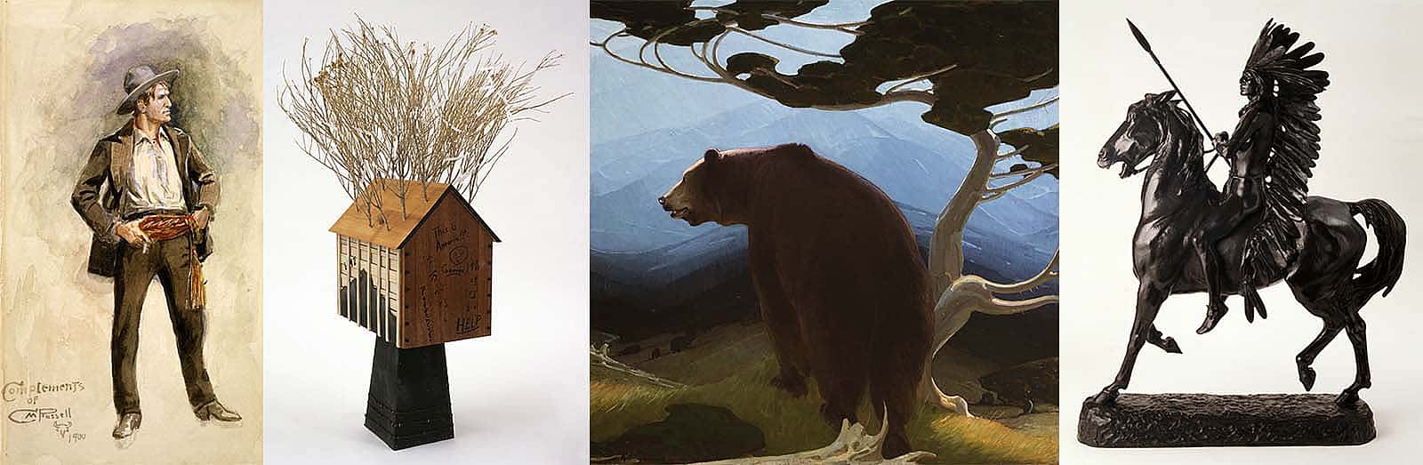 Treasures from the Whitney: Russell's self-portrait (98.60), Jacobs's Spirit House (6.06), Dunton's Timberline (9.05), Proctor's Indian Warrior (4.08.2)